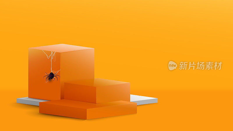 3d Podium in abstract orange and white composition with Spider and cobweb in halloween theme design. Vector illustration